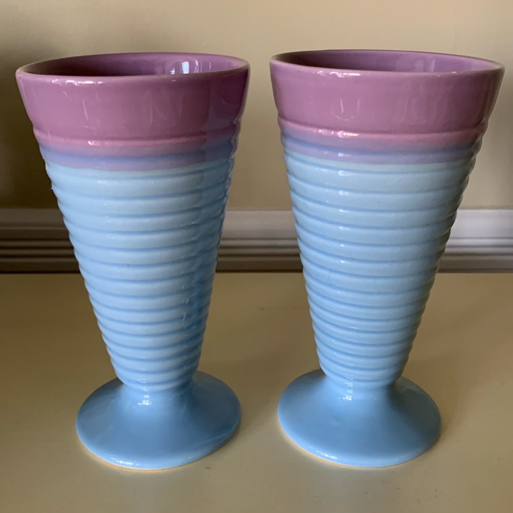 Pair of Vintage Trisa Stoneware Ice Cream Cone Bowls Multicolor Purple/Blue